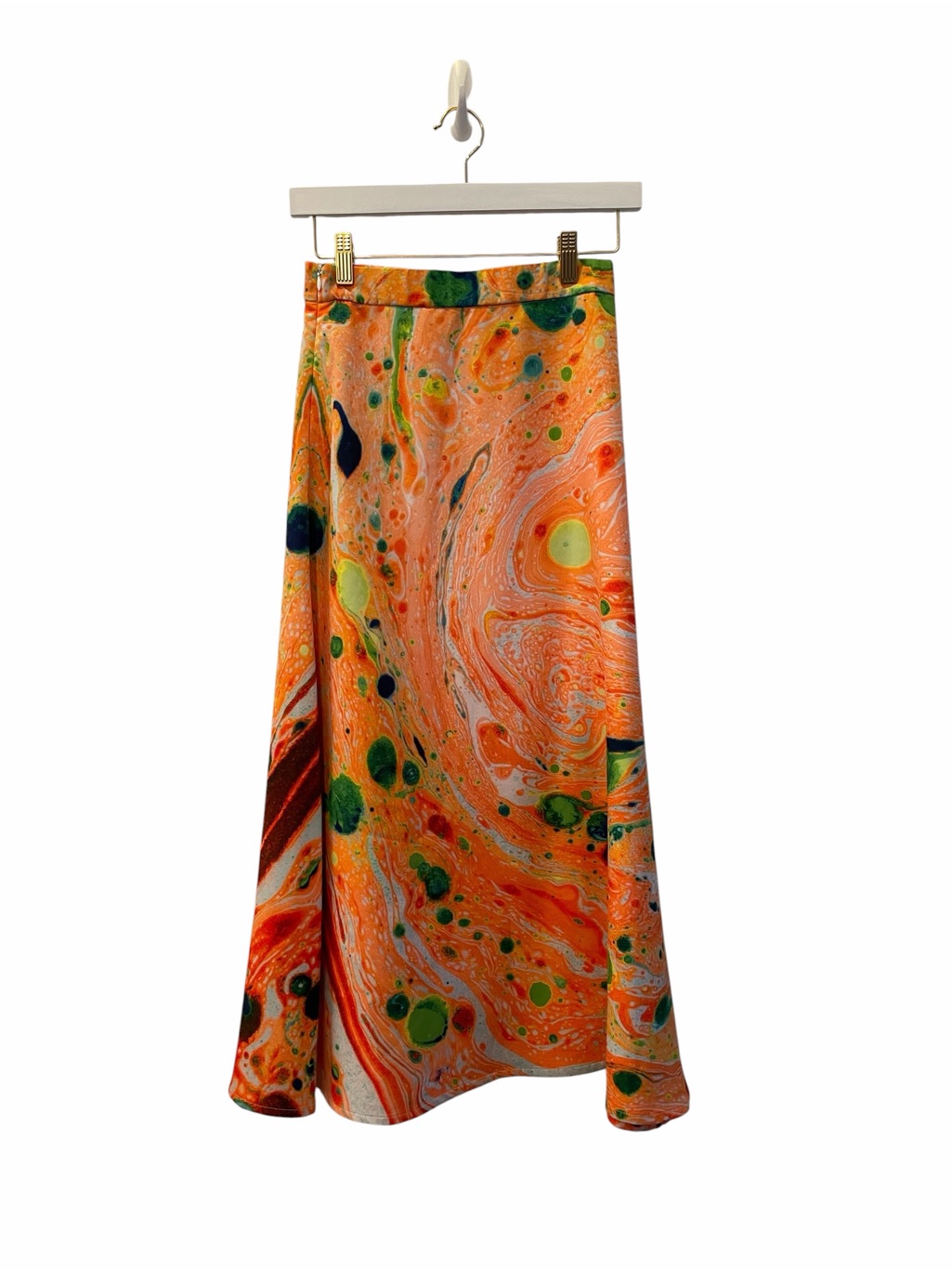 Todd Oldham Orange Marble Maxi Skirt With Green & Navy Accents